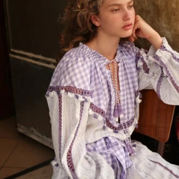 2/$30 Dodo Bar Or Gingham Smock Boho Blouse Lavender White Small #A0465 TRB3 - Picture 3 of 9